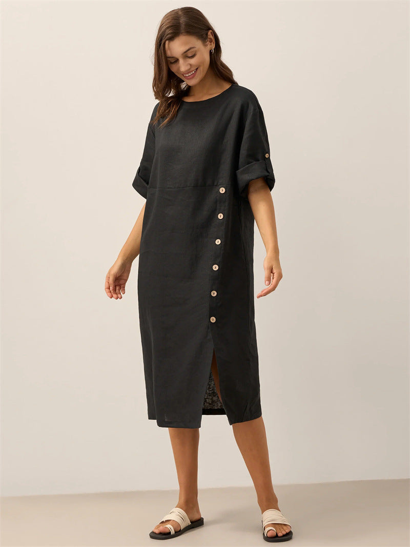 Casual Cotton-Linen Dress With Buttoned Slit And Round Neck