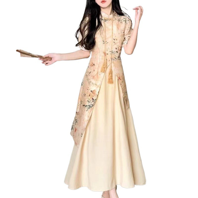 Cheongsam Floral-print Dress A Chic Autumnal Long Skirt That Cinches The Waist To Create A Slimming Silhouette