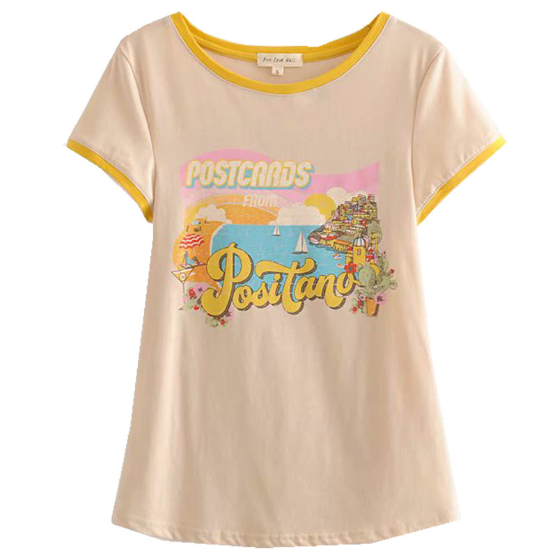 Holiday Style Slim T-Shirt Top With Yellow Sailing Letter Print