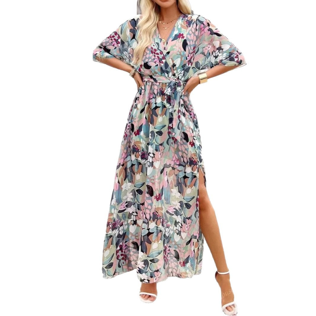 Elegant Chic Printed Lace-up Split Dress