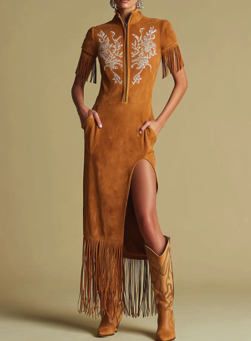 Western Retro Embroidered Brown Fringe Maxi Dress