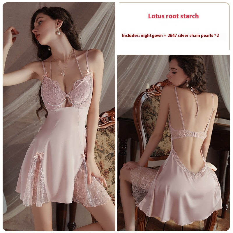 Deep V Chest Pad Underwear Satin Slip Nightdress