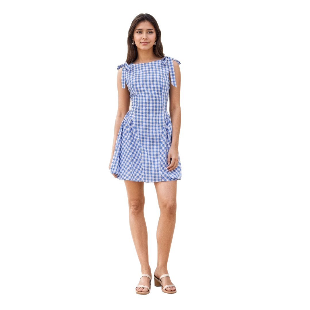 Womens Fashion Plaid Striped Belted Waist Dress