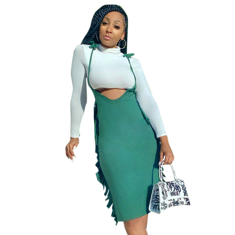Solid-color Casual Crew-neck Long-sleeve Tassel Suspender Dress Set