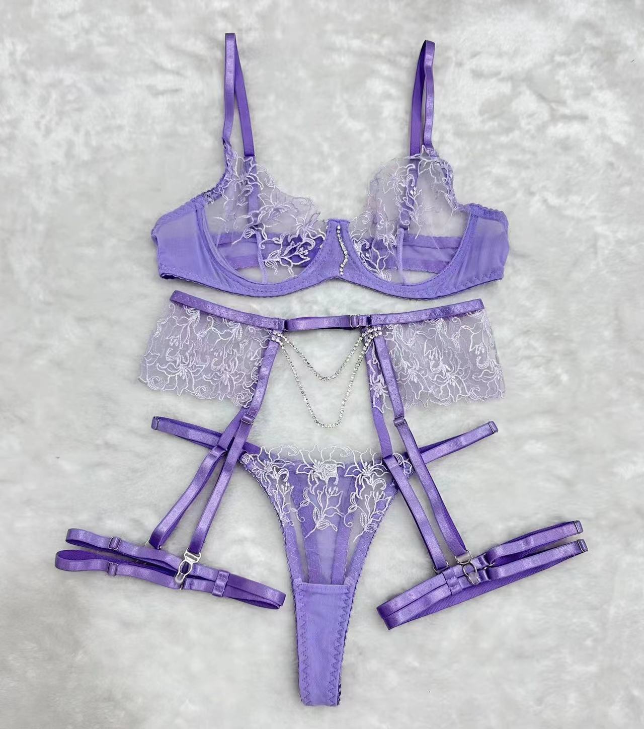 Chain Flower Embroidered Underwear Bra Set Female