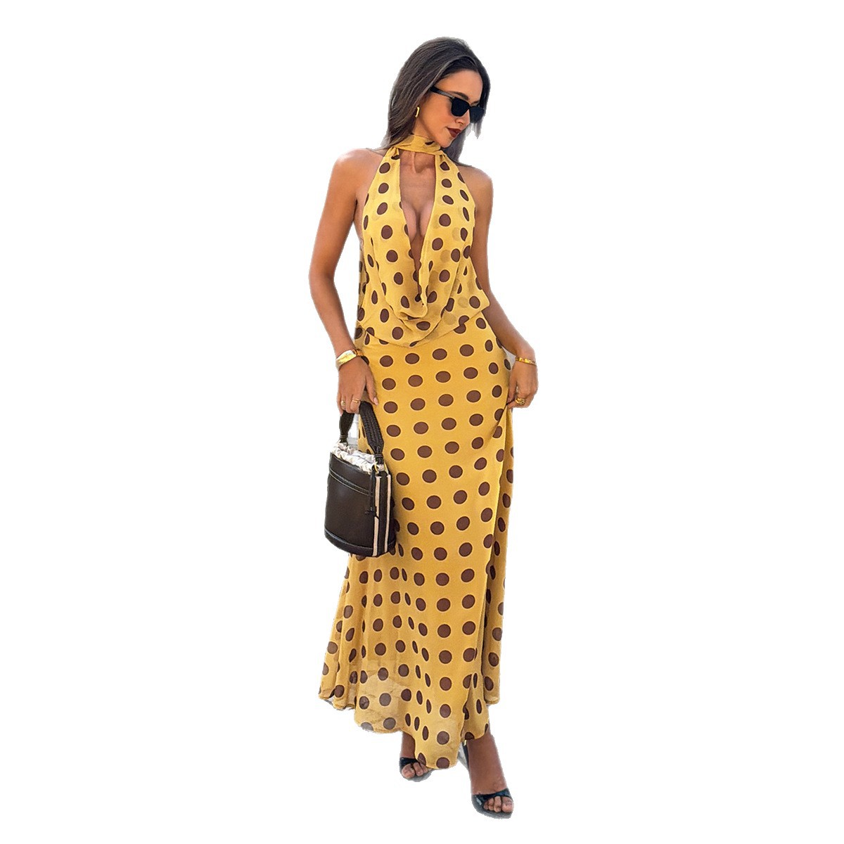 SpringSummer Retro Elegant Neck-Close Deep V-Polka-Dot Dress