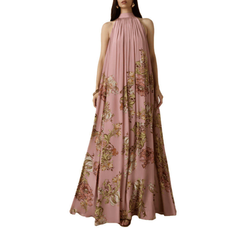 Womens Elegant High-Neck Lace-Up Printed Dress With A Refined Look
