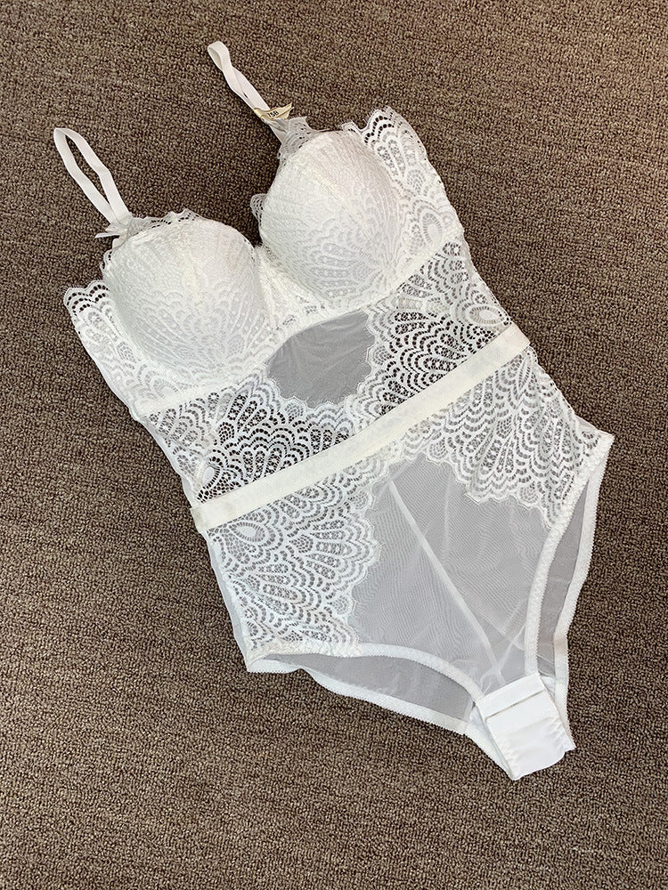 Gathering micro body shaping one piece dress belt bra lace women's underwear set