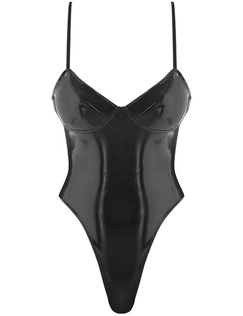 Women's Black Camisole Patent Leather One-piece Underwear