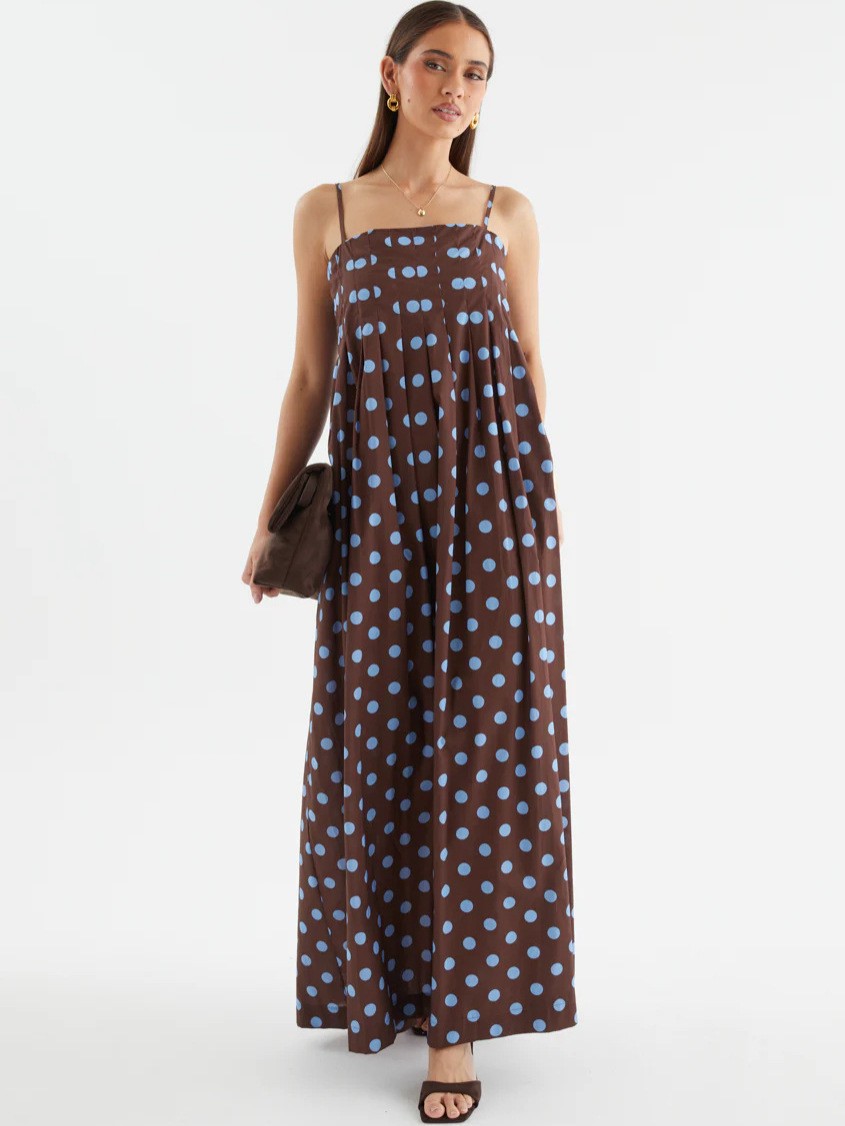 Wave Print Pleated Camisole Mid Length Dress