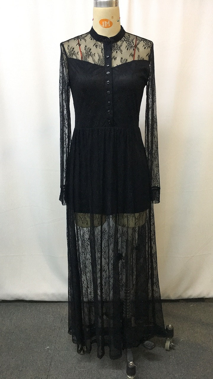 Vintage V-neck Lace Womens Long-Sleeve Dress