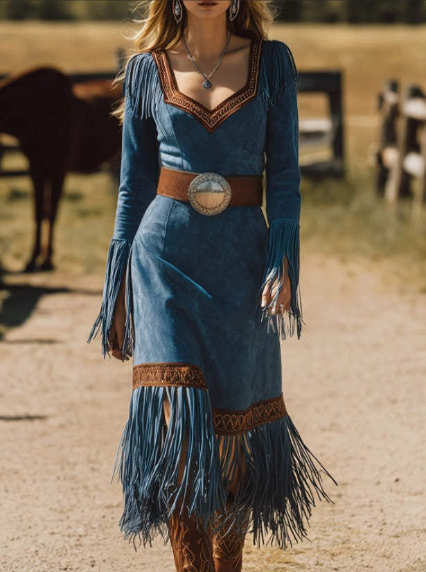 American Retro Ethnic Style V-neck Long-sleeved Midi Dress