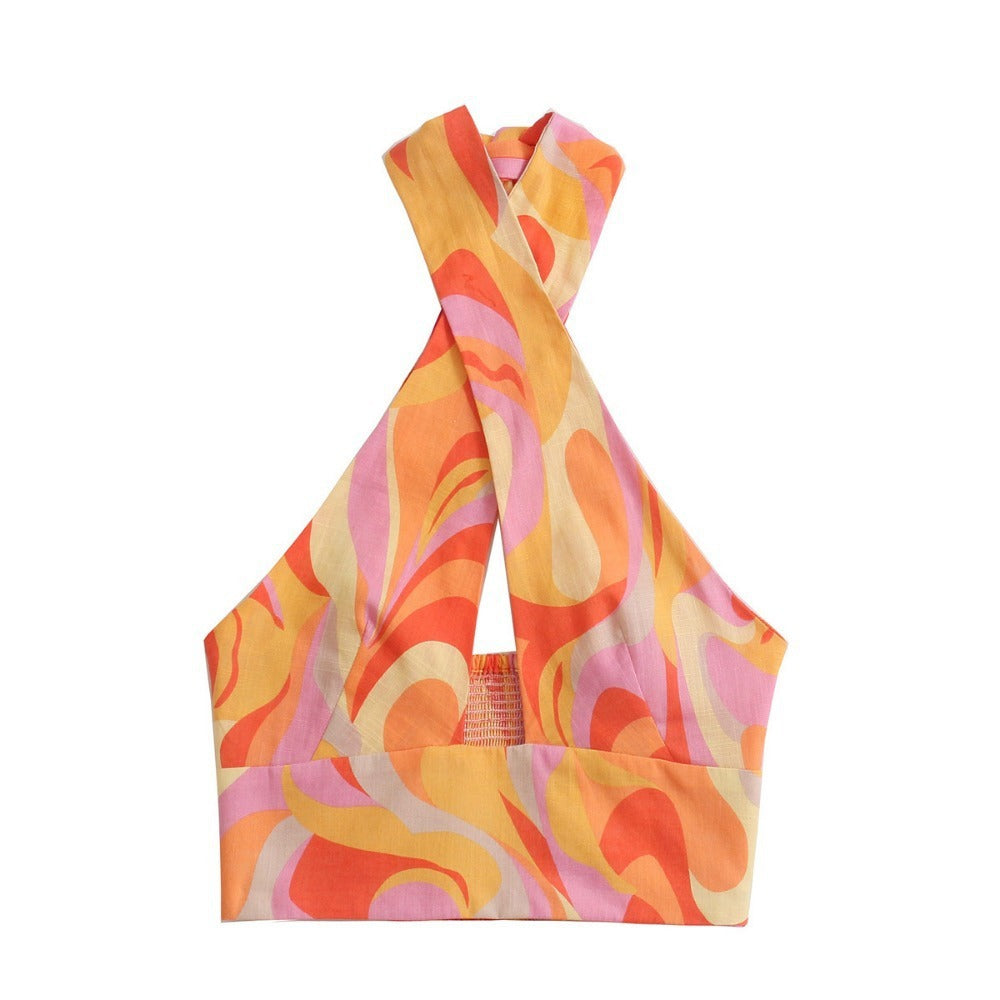 Halterneck Printed Linen Short Top