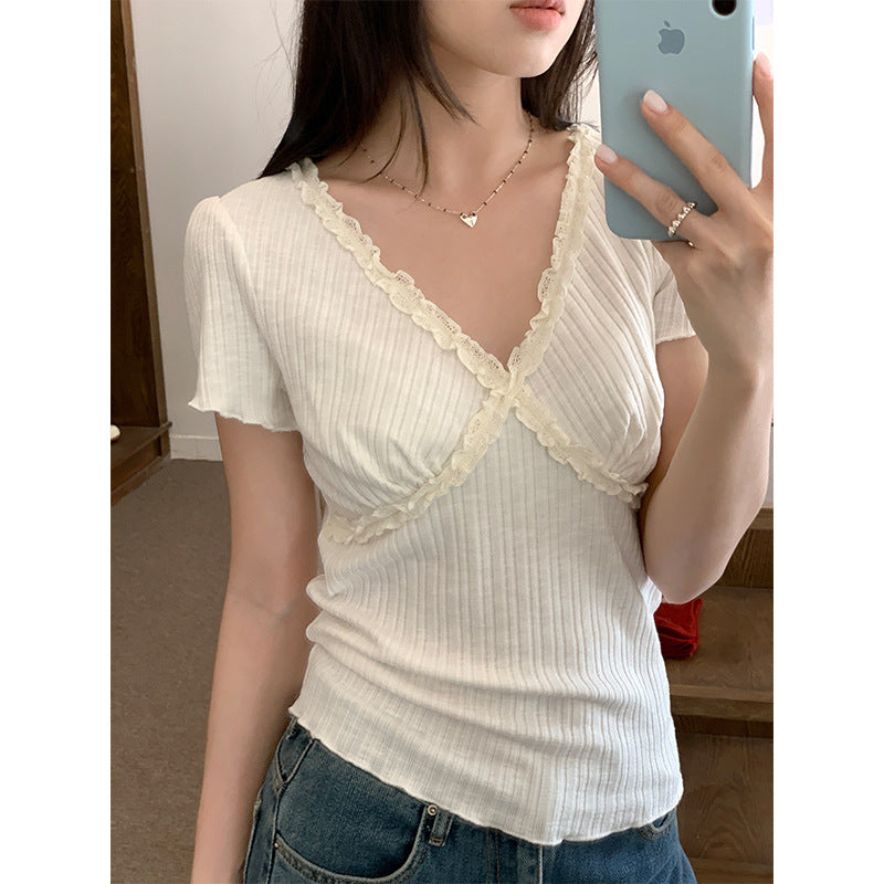 Women's Lace V-neck Short-sleeved T-shirt Slim-fit Crop-top