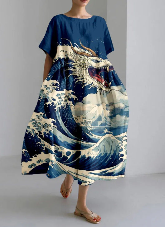 Retro Floral Pocketed Loose Womens Printed Maxi Dress