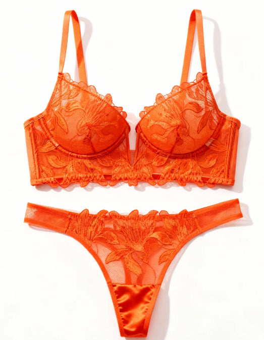 European And American Underwear Gathered Deep V Three-dimensional Embroidery Mesh