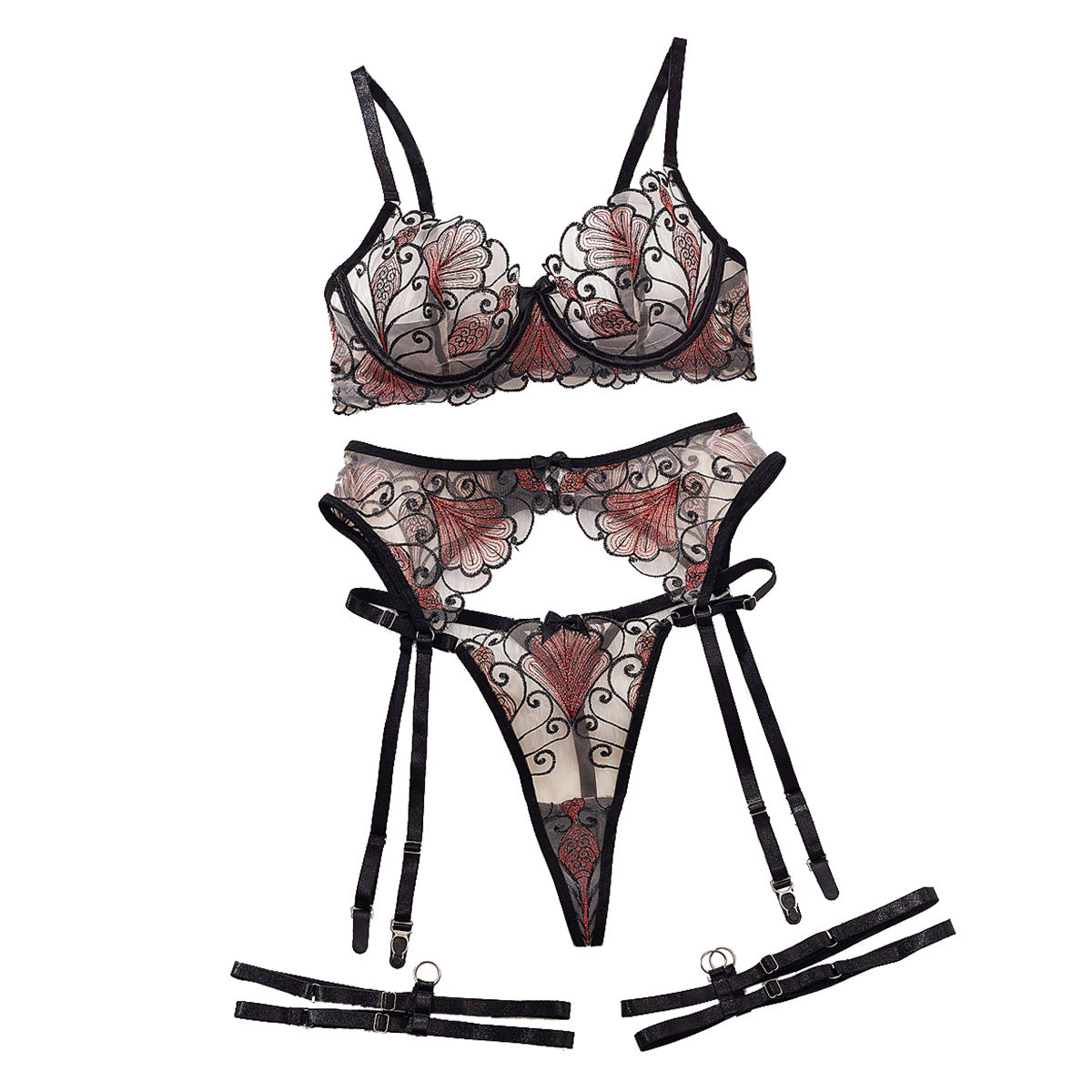 Leaf Embroidery Mesh Bow Low-cut Underwear