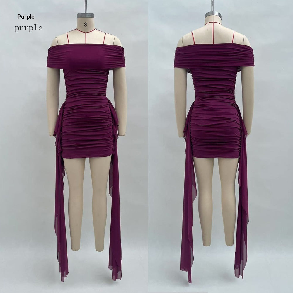 Off-the-shoulder Pleated Flowing Ribbon-fit Mini Dress