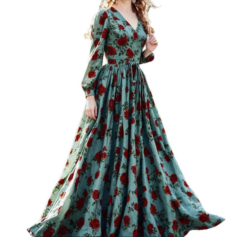 Retro Elegant Waist-Cinching Printed V-Neck Long-Sleeve Womens Dress