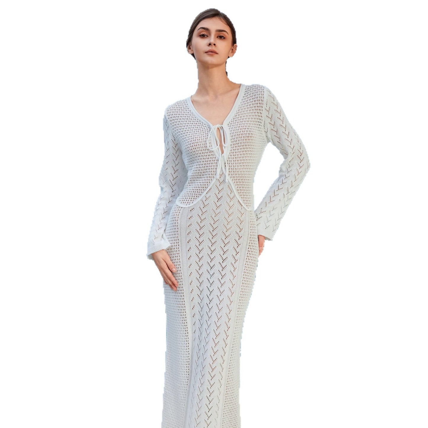 Womens Solid-Color Sexy Knitted Hollow-Out Dress