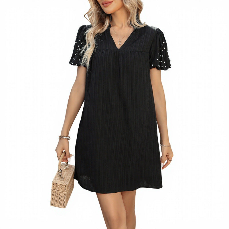 Beaded Tube Skirt Lantern-sleeve Short-sleeve Black Dress