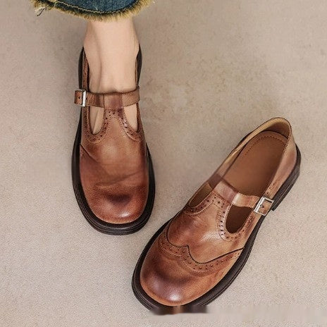Casual Sheepskin Hollow Flower Flat Heel Loafers Women's Autumn Shoes Round Toe