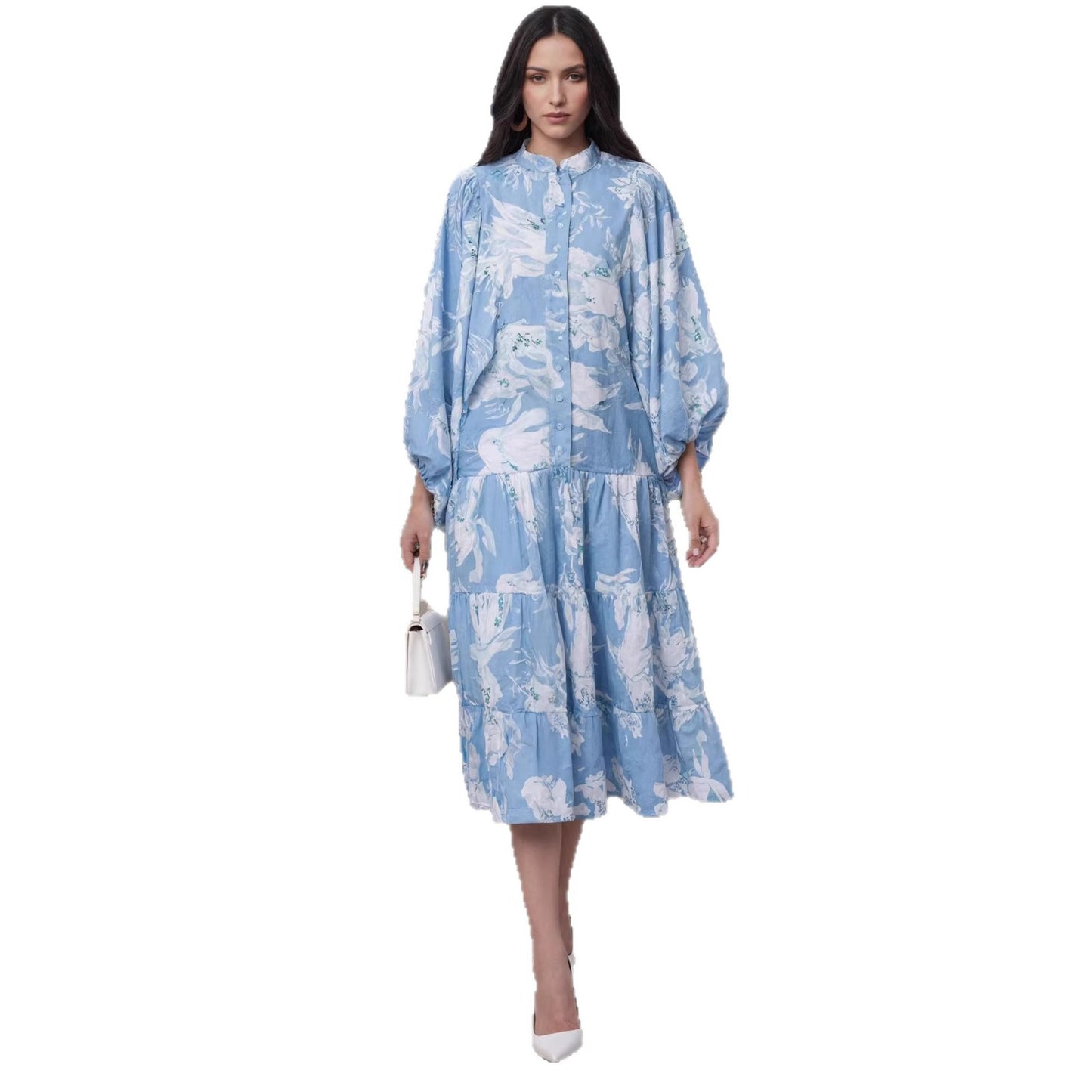 Womens Casual Printed Lantern-Sleeve Dress