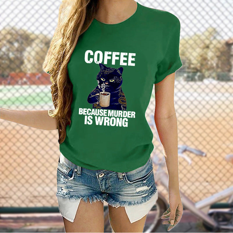 Cat Cute Print T-shirt Round Neck Short Sleeve Top