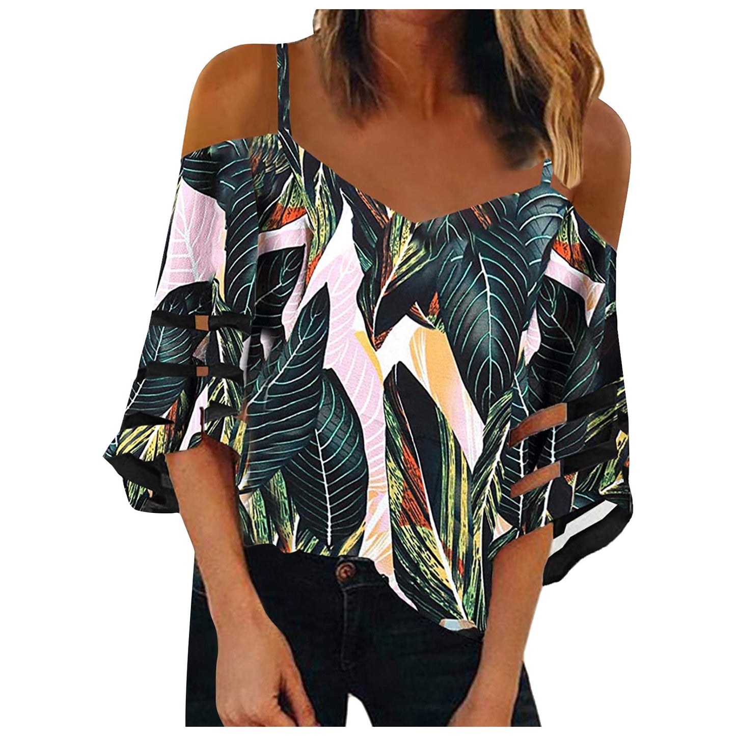 Flared Sleeve V-neck Printed Off Shoulder Sling Top
