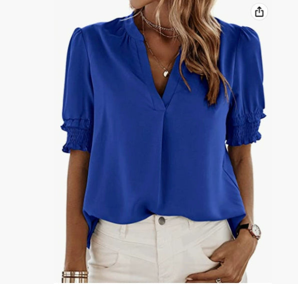 Women's V-neck Casual Short-sleeved Solid Color Chiffon Shirt