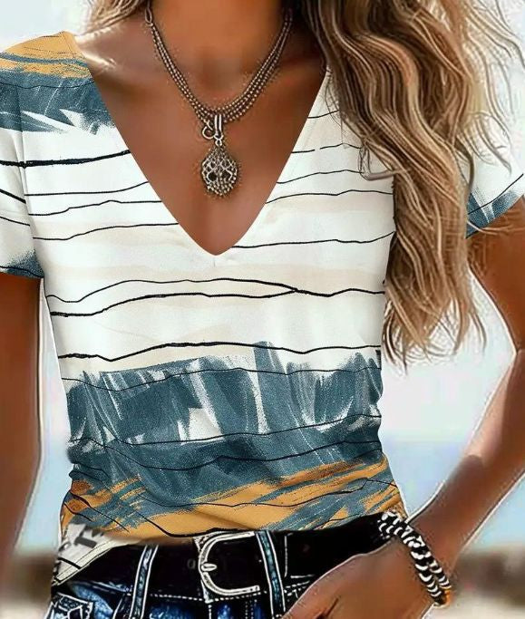 Women's Contrast Color V-neck Casual T-shirt