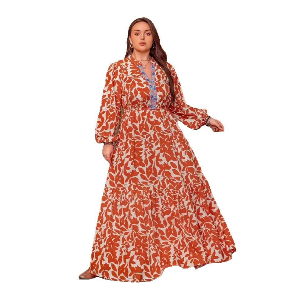 Printed V-neck Long-sleeve Womens Dress