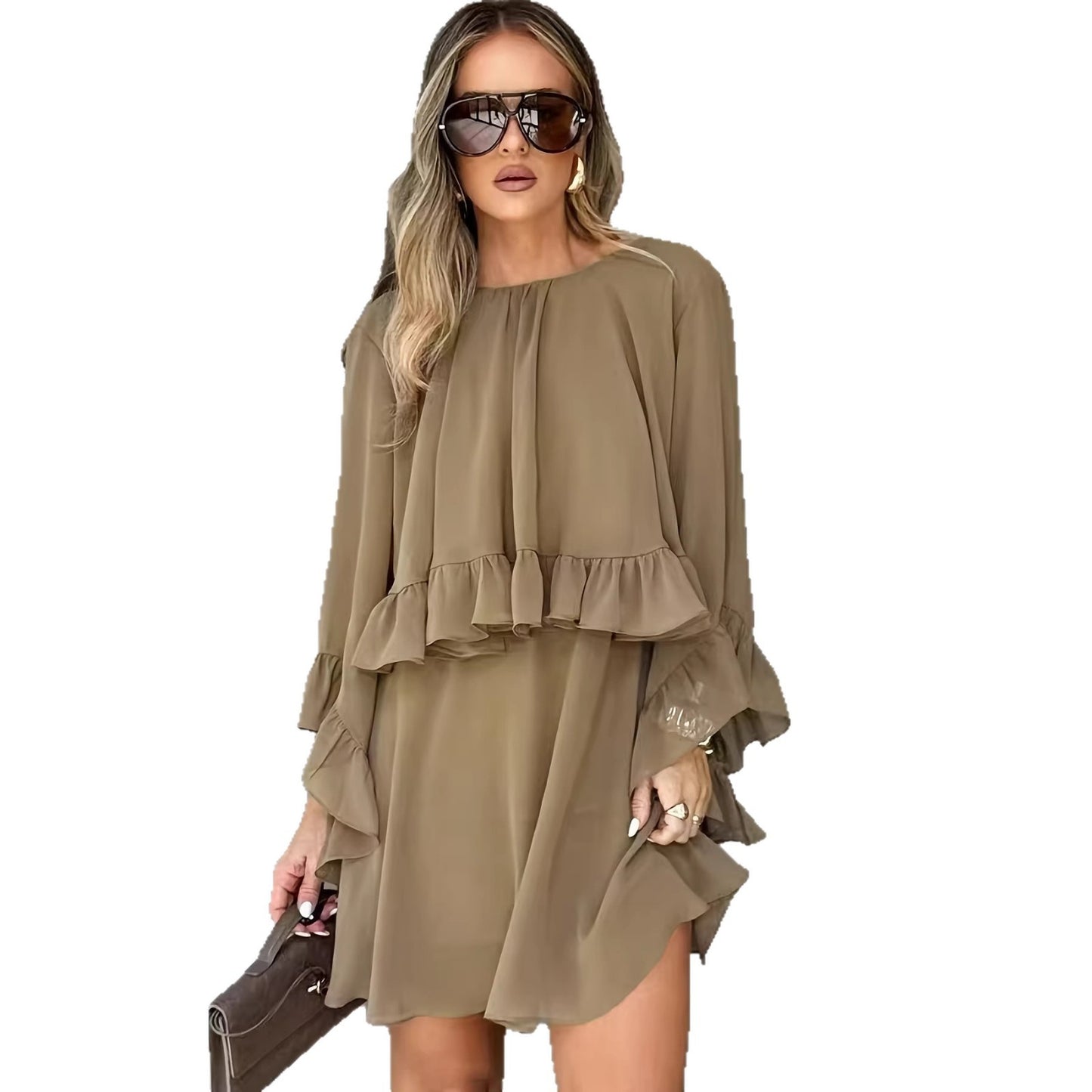 Loose-fit Ruffled-hem Round-neck Long-sleeve Chiffon A-line Dress