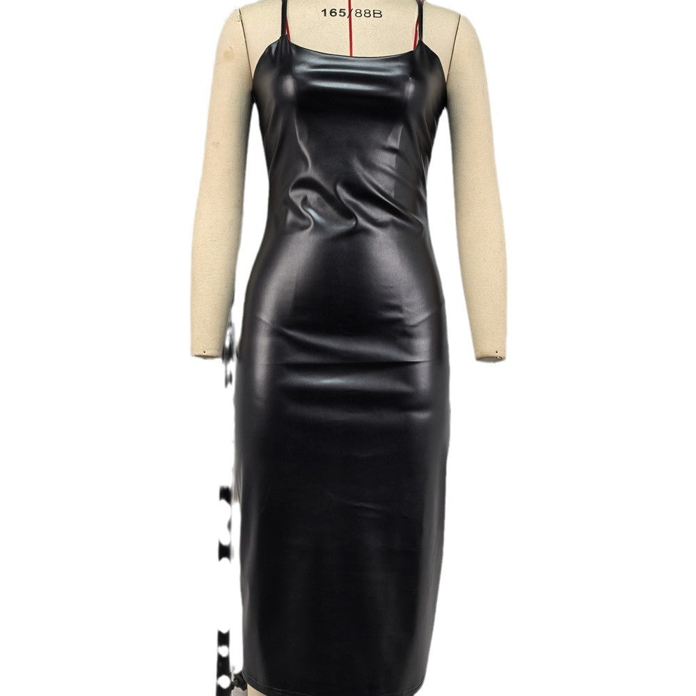 Strap Split Dress Leather Sexy Open-back Design