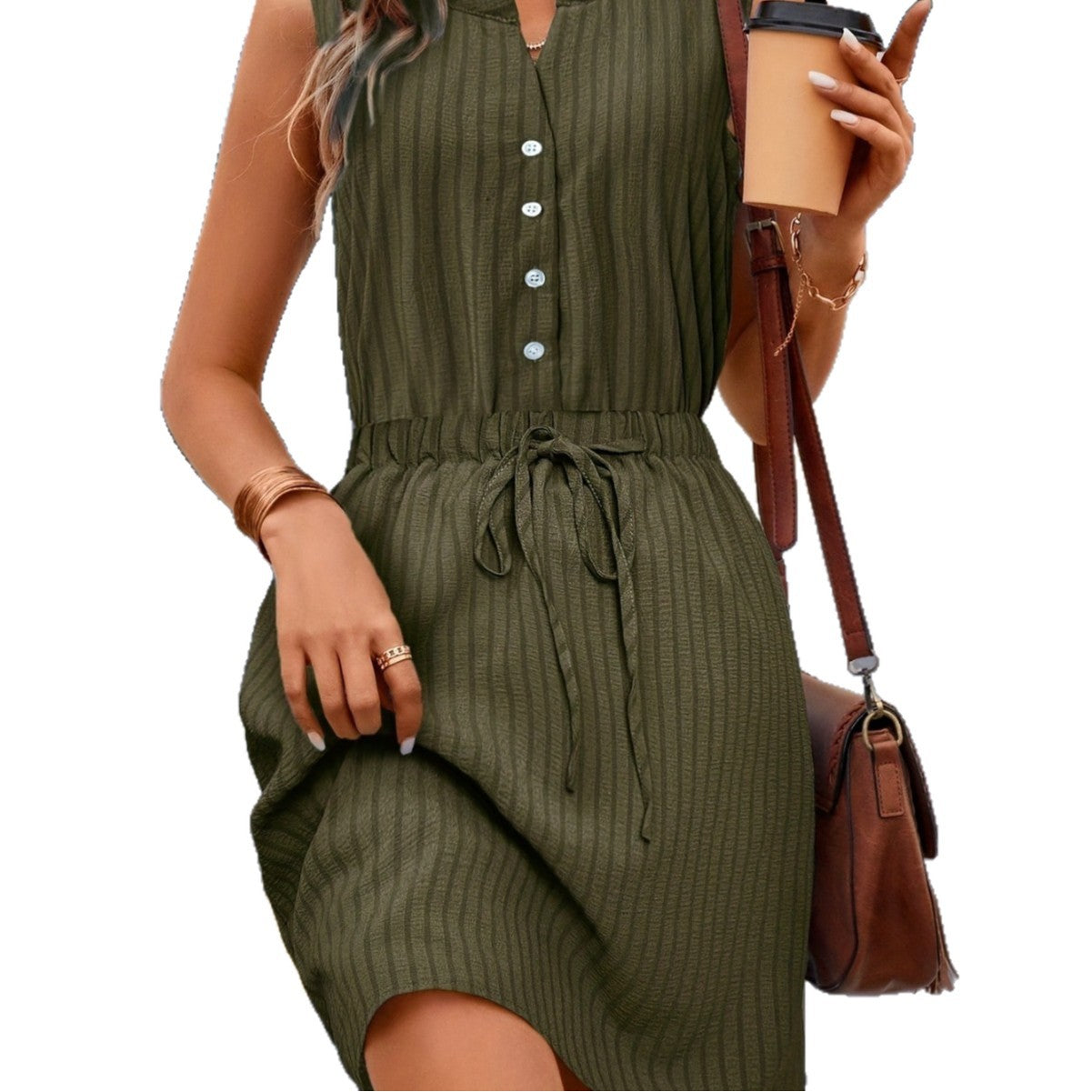 Stylish And Elegant Solid-color V-neck Dress With Buttoned Slit