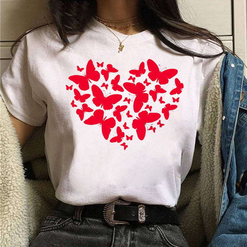 Printed White Ladies Casual Loose Personality Short Sleeves