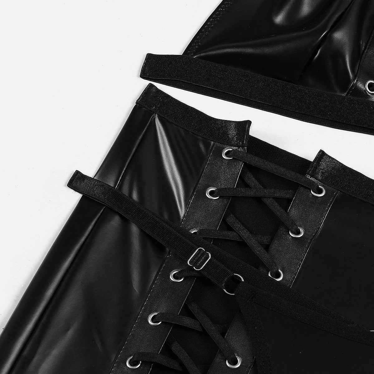 Fabric Leather Splicing Mesh Cross Strap Underwear Suit