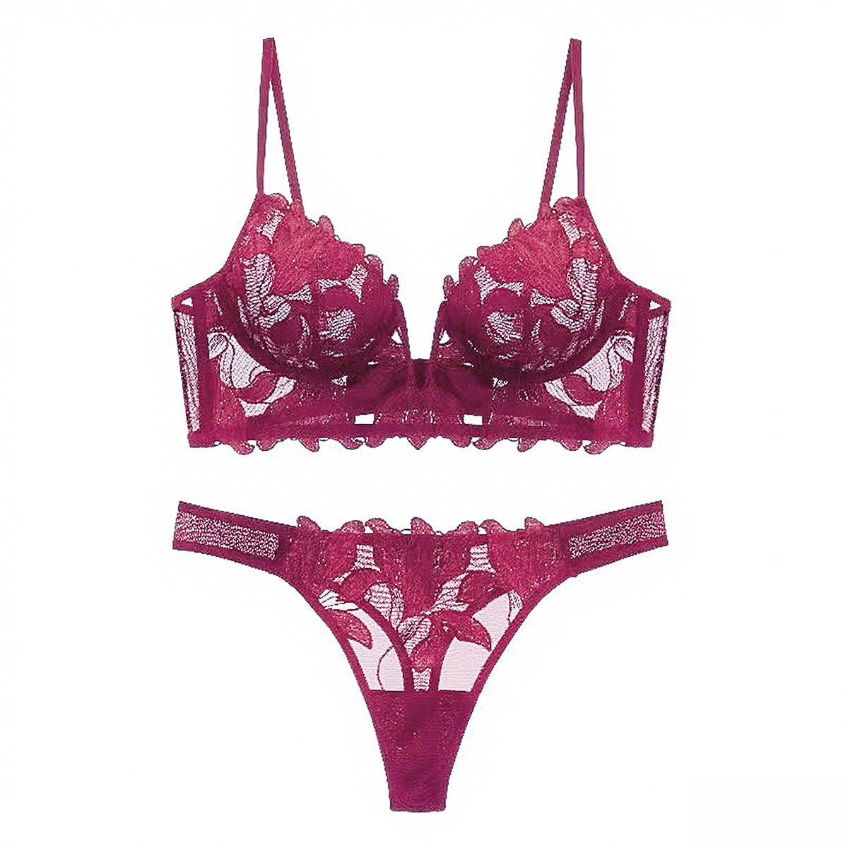 European And American Underwear Gathered Deep V Three-dimensional Embroidery Mesh