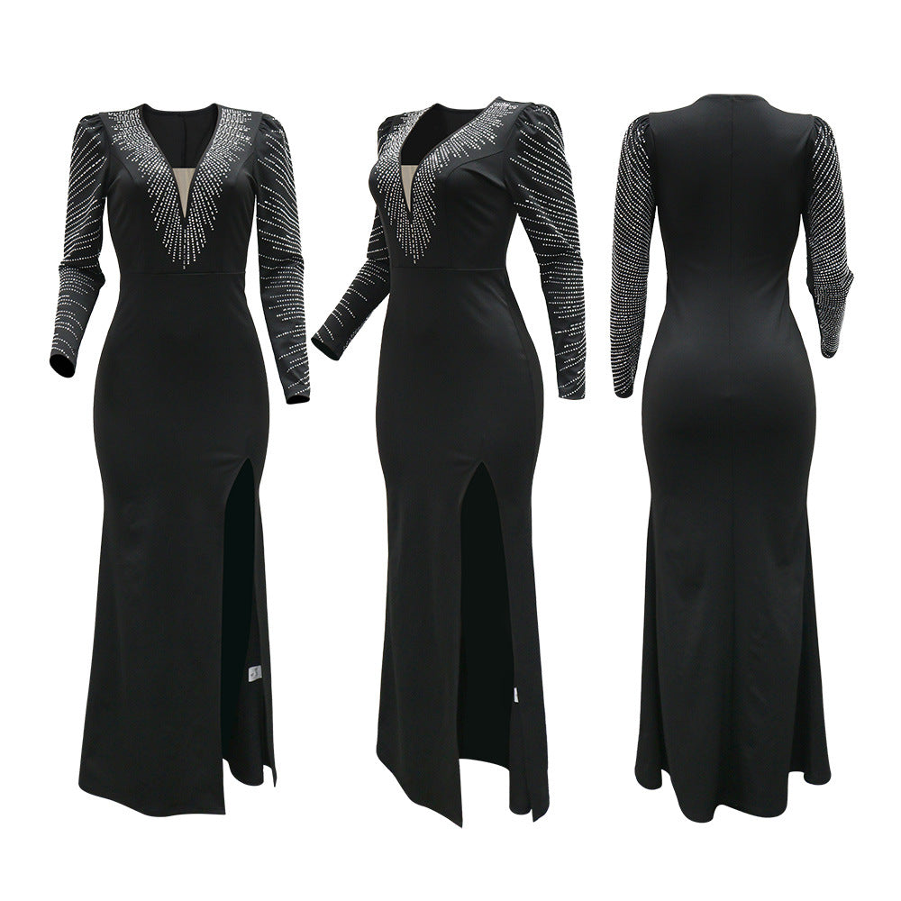 European And American-style Evening Gown With Deep V-neck And High Slit Womens Dress