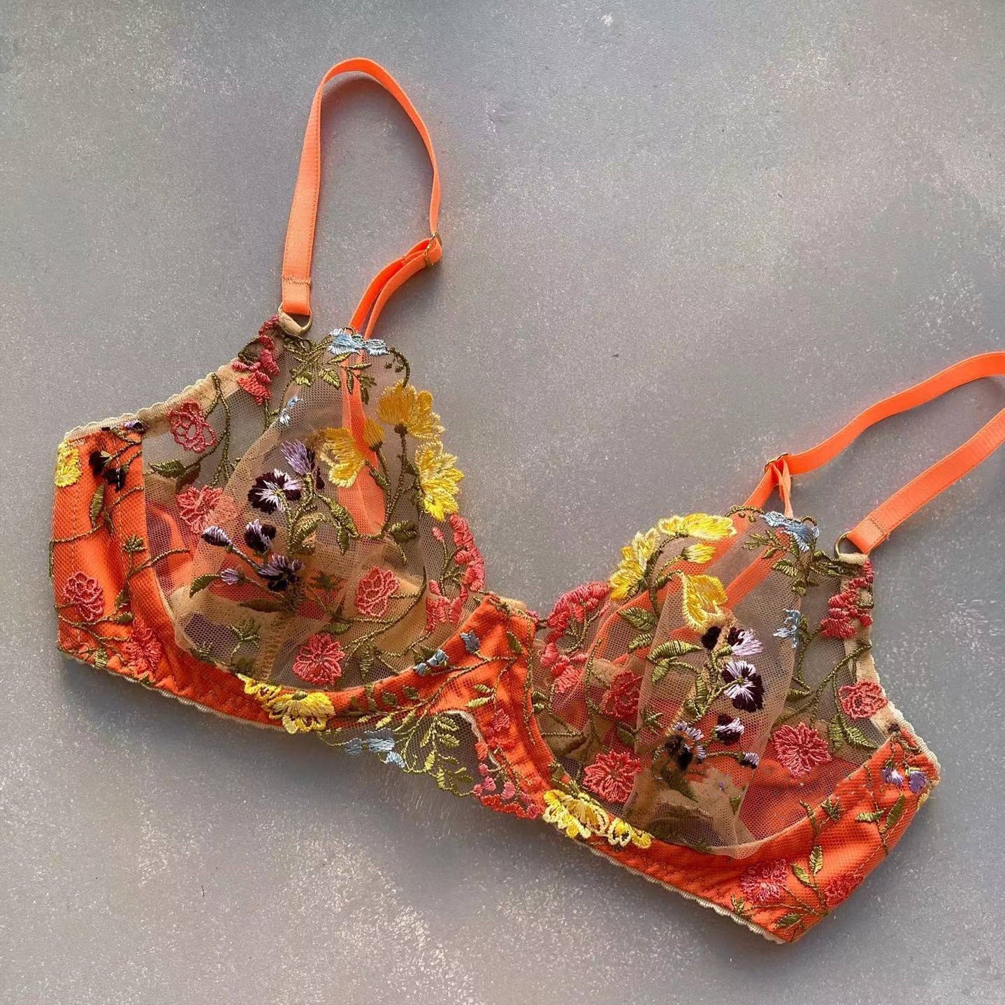 Flowers See-through Embroidered Ribbon Steel Ring Underwear Suit