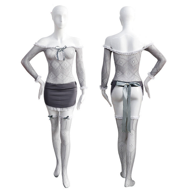 Underwear Women's Uniform Temperament Grey Fishnet Maid One Piece Set