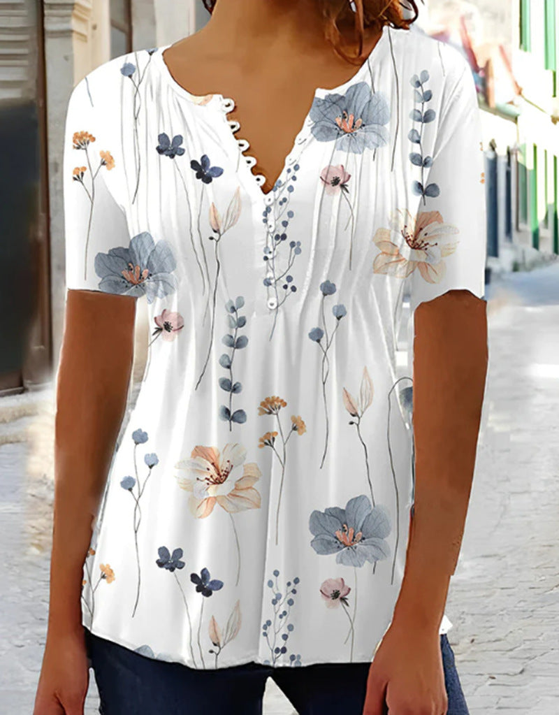 European American Summer New Fashion Printed Casual Short Sleeve Pleated Breasted T-shirt For Women