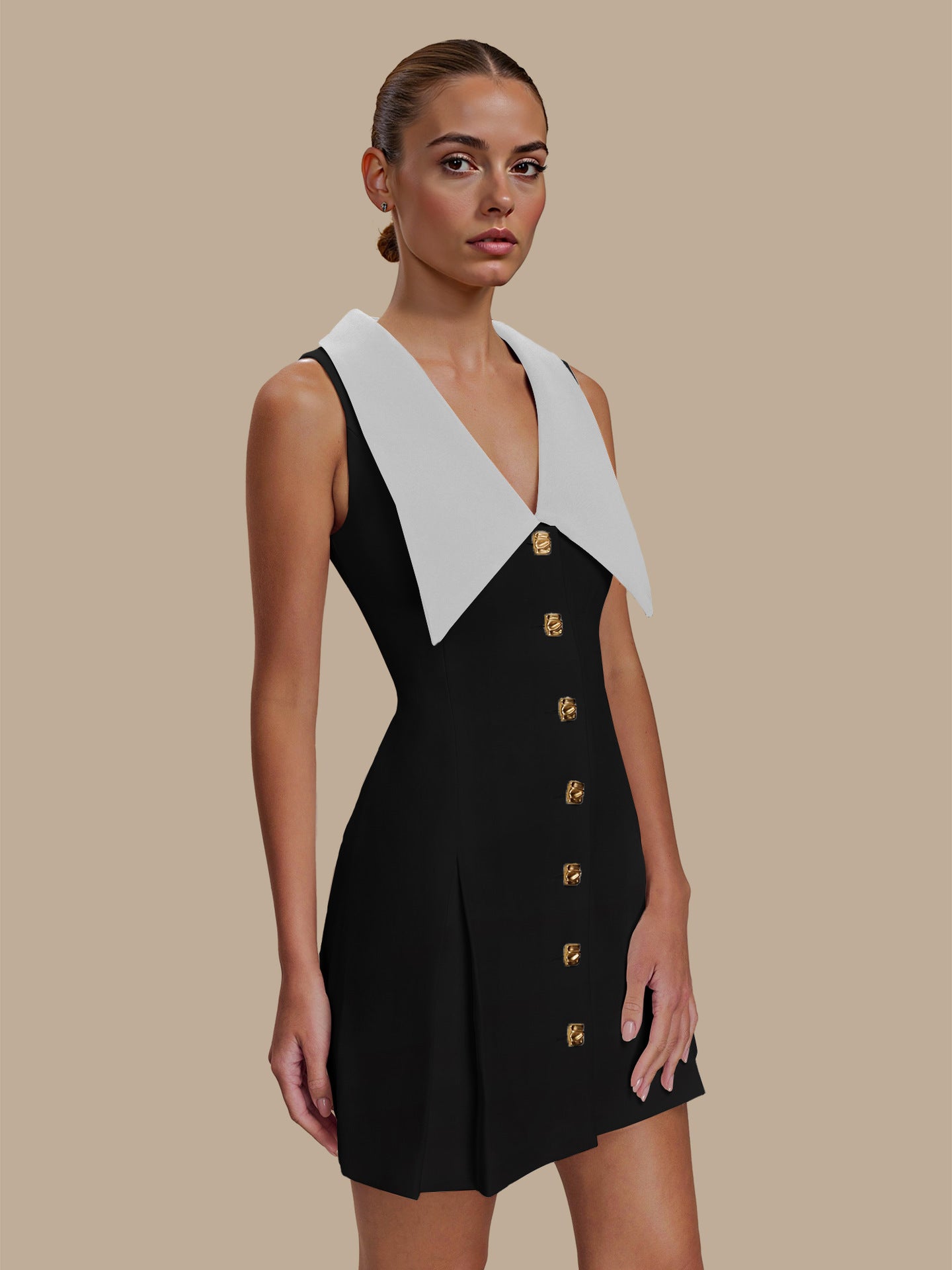 Womens Notched-Neck Metal-Button Sleeveless Elegant Waist-Cinching Dress