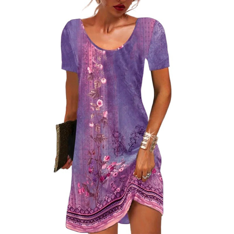 New Summer Floral Print Short-Sleeve Dress For Europe And The US