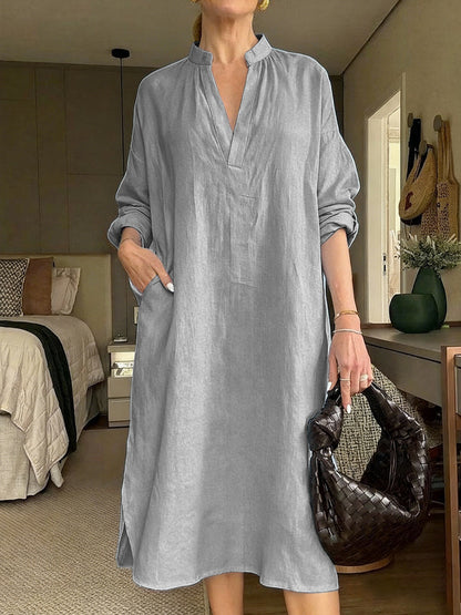 Womens Retro Cotton-Linen Long-Sleeve V-Neck Pocket Dress