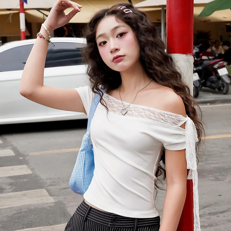 Solid Color Off-neck Sexy Lace Stitching Top