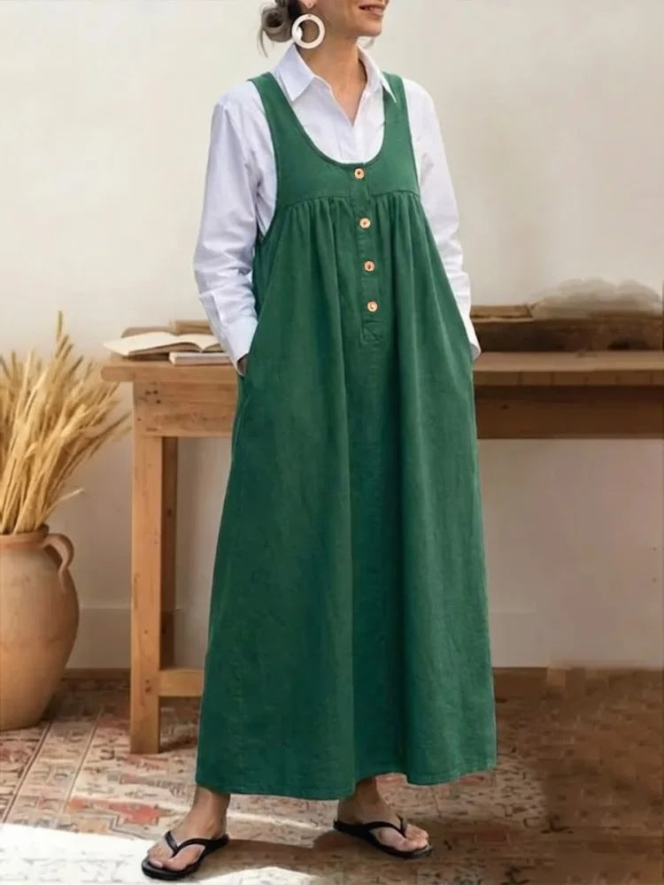 Solid-color Button-up Suspender Dress Sleeveless Loose-fit Casual Dress