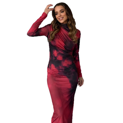 New Womens Sexy Tie-dye Printed Crew-neck Pullover Bodycon Dress