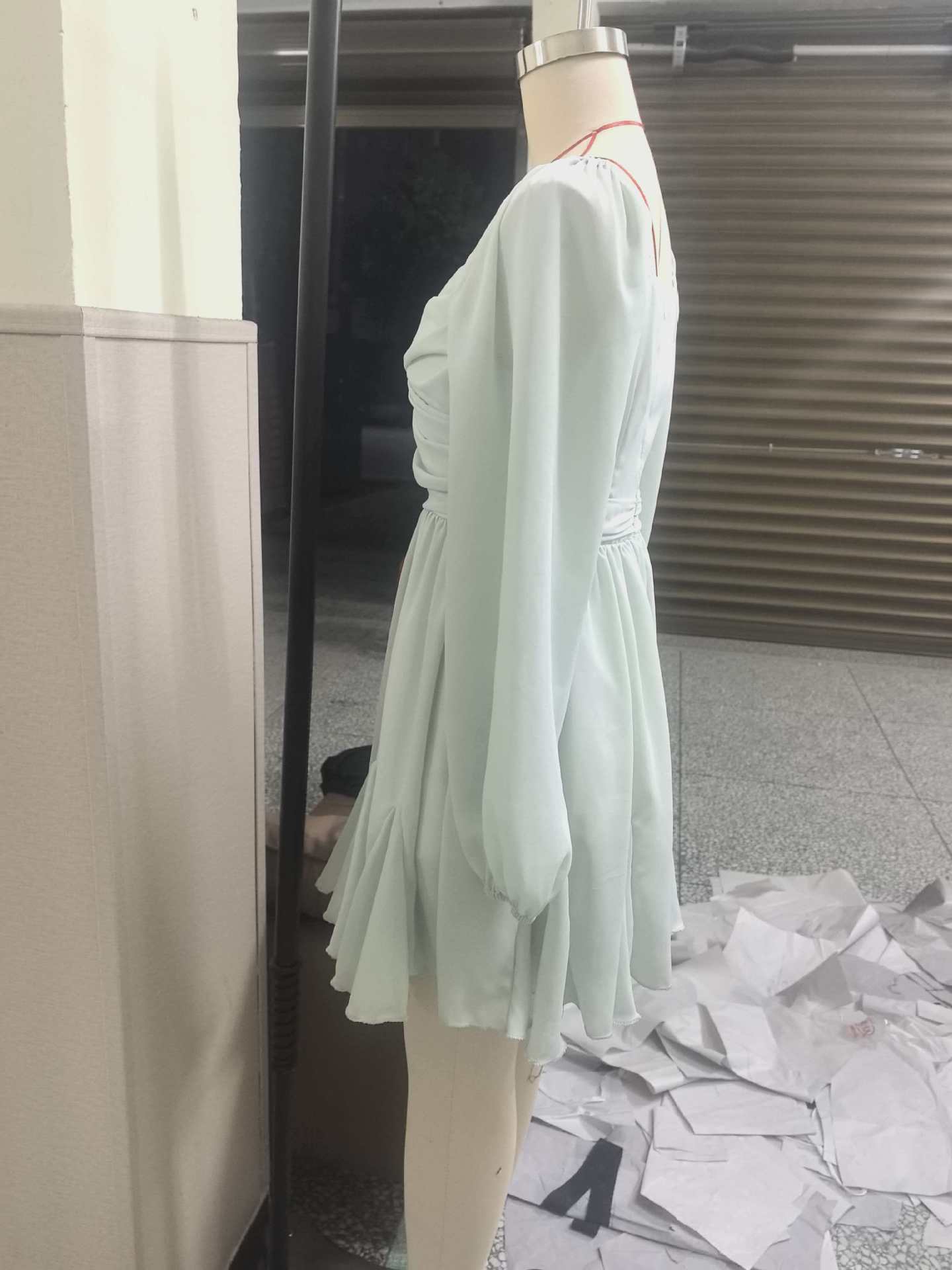 Mesh Long Sleeved Pleated Chest Wrapped Dress