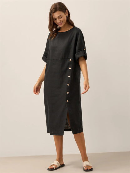 Casual Cotton-Linen Dress With Buttoned Slit And Round Neck